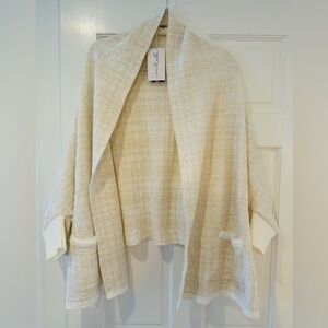 Simply Noelle Cream Geo Print Wrap/Shawl One Sz Faux Fur Trimmed Pockets Luxury